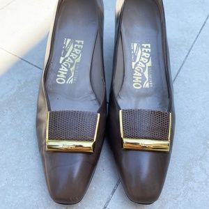 Salvatore Ferragamo Brown Square Toe Block Heels